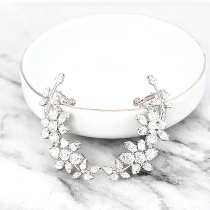 Silver Alloy Flowers Earrings With Rhinestones, Copper Ear Pins, Elegant Design For Women