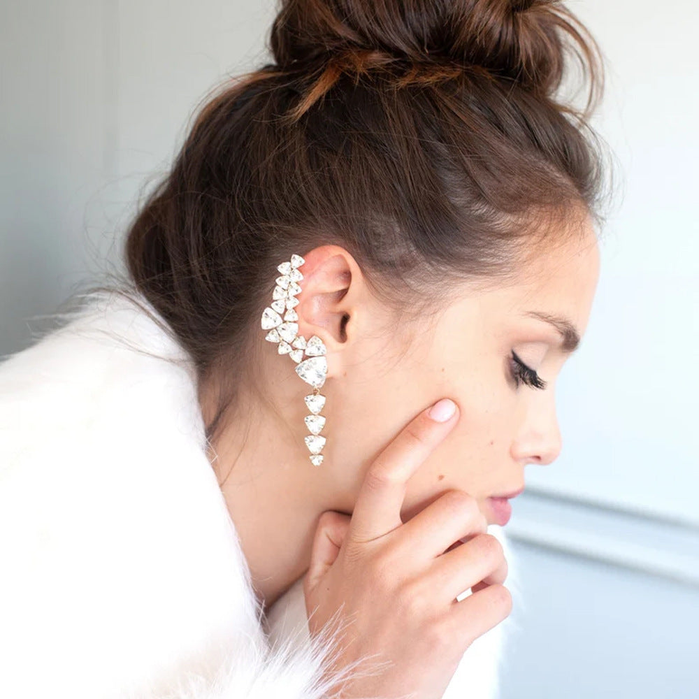 Trillion-cut Silver Alloy Earrings With Rhinestones, Electroplated Finish For Women