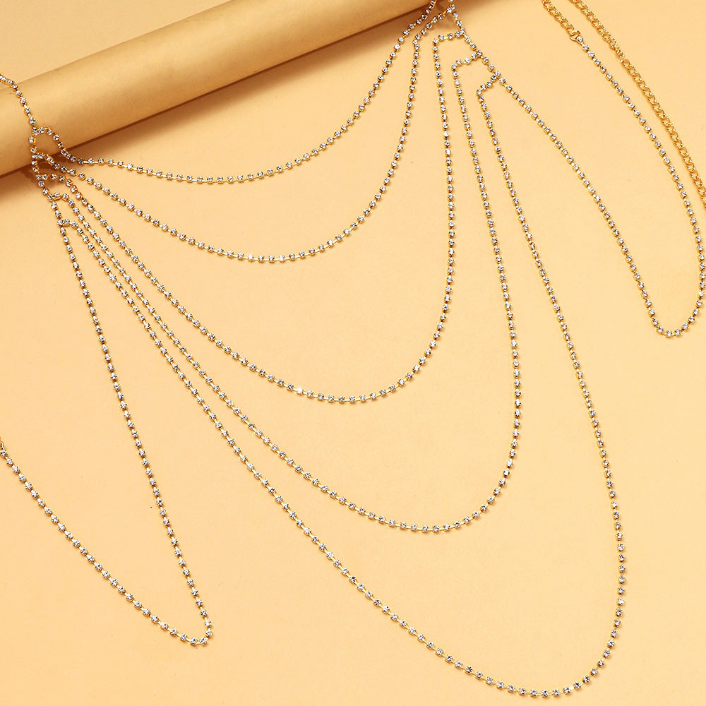 Silver Alloy Body Chain For Women Featuring Geometric Pattern And Electroplated Finish With Rhinestone Inlay