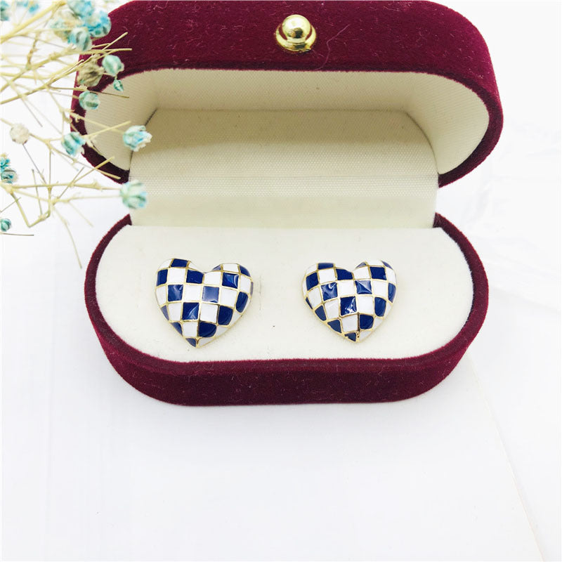 Three-dimensional Heart Shape Stud Earrings For Women In Blue Alloy