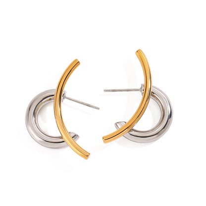 Gold Color Block Two Tone Stud Earrings For Women Featuring Durable Titanium Steel Posts