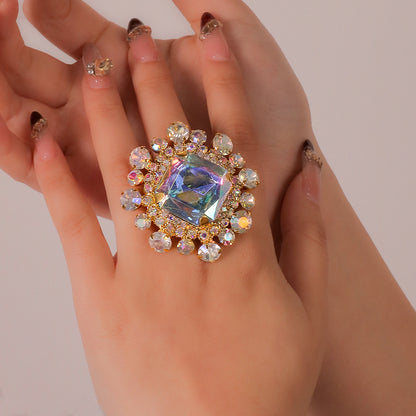 Exaggerated Square Open Ring For Women In Gold Alloy With Rhinestones Featuring Electroplated Finish