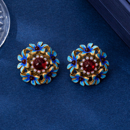 Red Flowers Stud Earrings For Women In Zinc Alloy With Electroplated Finish And 925 Sterling Silver Ear Pins