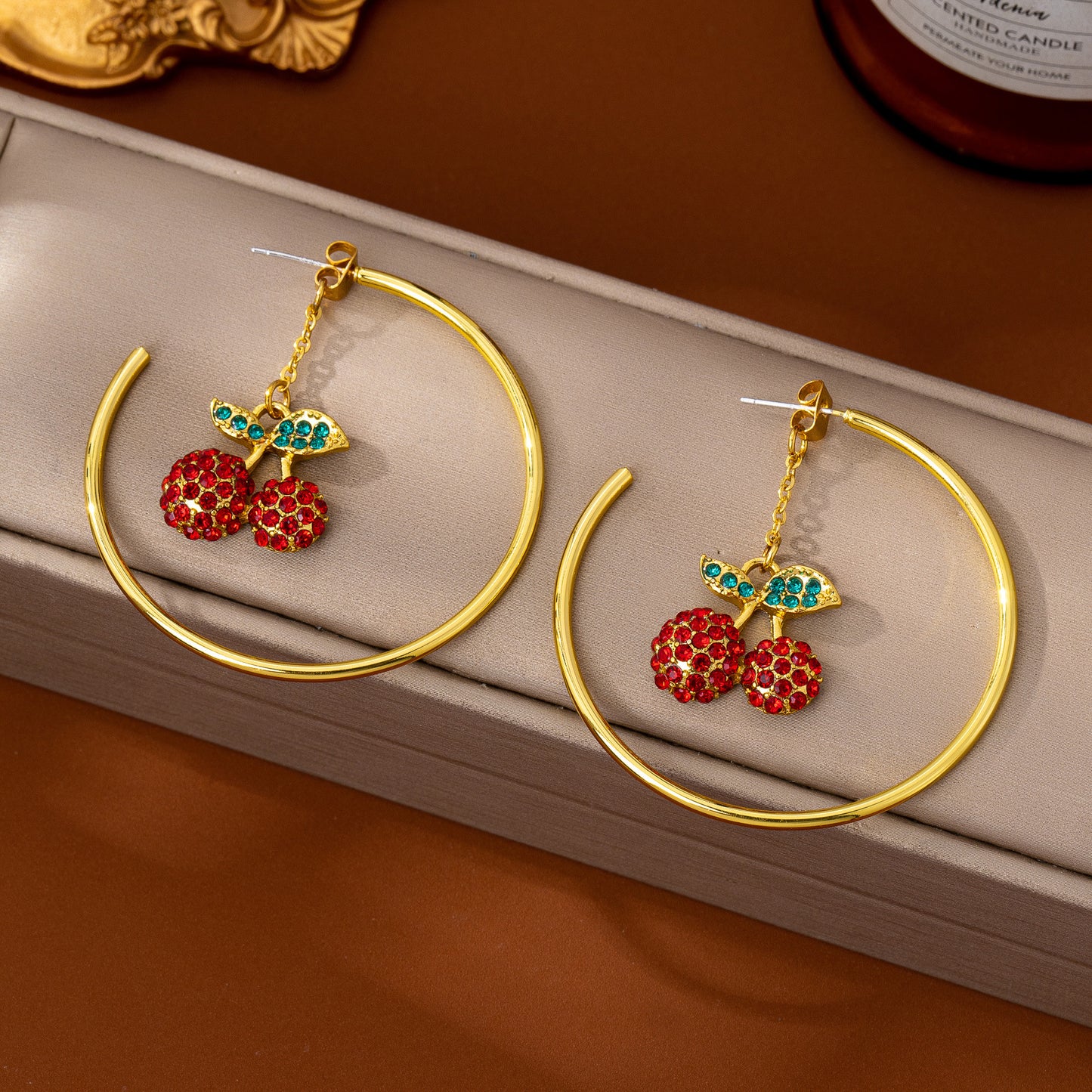 Retro Cherry Drop Earrings In Red With Electroplated Zinc Alloy And Rhinestone Inlay, Featuring Zinc Alloy Ear Pins
