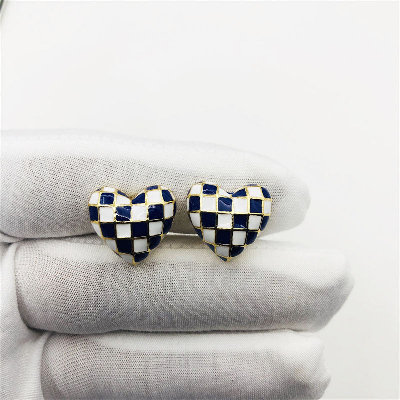Three-dimensional Heart Shape Stud Earrings For Women In Blue Alloy