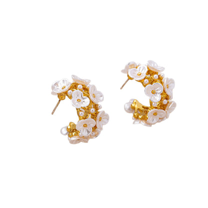 White Flower Stud Earrings For Unisex Featuring Alloy And Shell Inlay With 925 Sterling Silver Posts