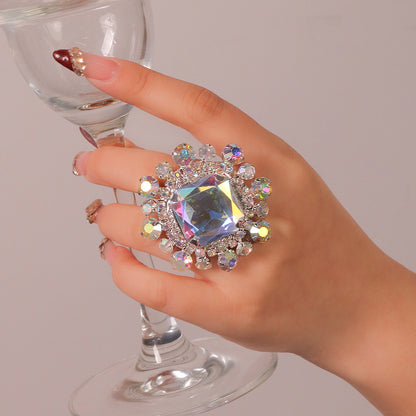 Exaggerated Square Open Ring For Women In Gold Alloy With Rhinestones Featuring Electroplated Finish