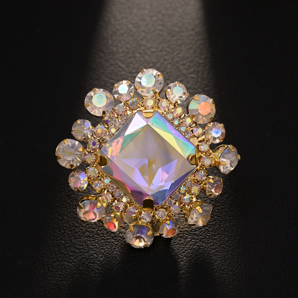 Exaggerated Square Open Ring For Women In Gold Alloy With Rhinestones Featuring Electroplated Finish