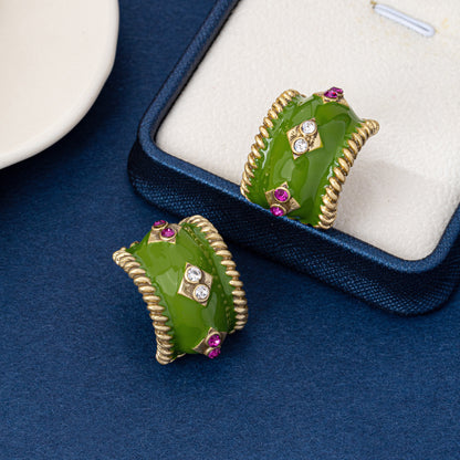 C Shape Enamel Earrings For Women In Green, Made Of Zinc Alloy With 925 Sterling Silver Studs