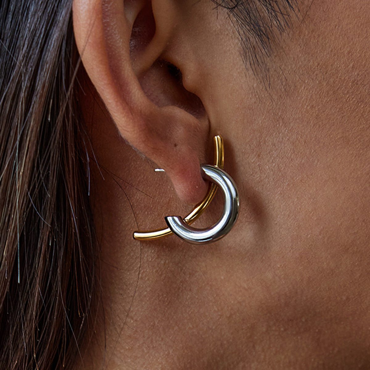 Gold Color Block Two Tone Stud Earrings For Women Featuring Durable Titanium Steel Posts
