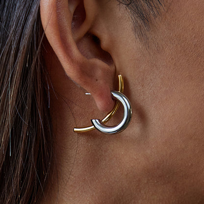 Gold Color Block Two Tone Stud Earrings For Women Featuring Durable Titanium Steel Posts
