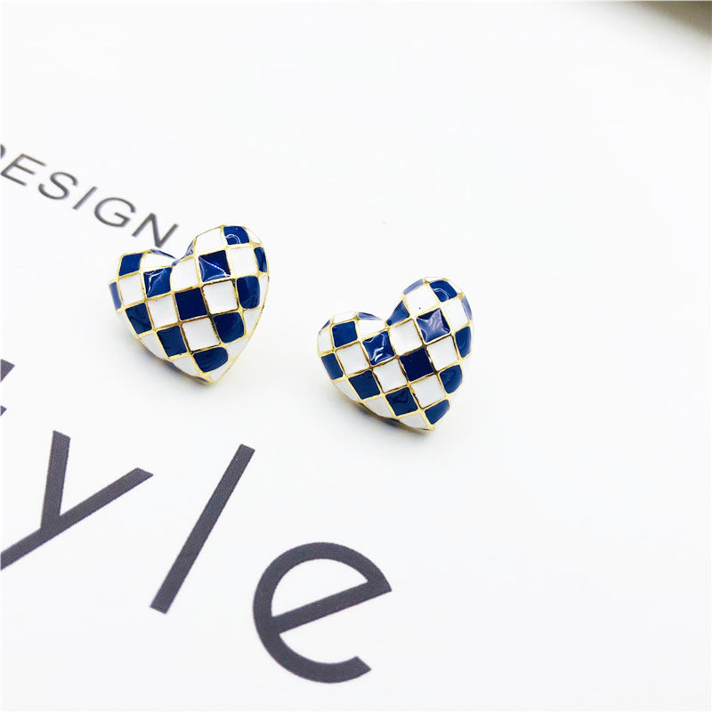 Three-dimensional Heart Shape Stud Earrings For Women In Blue Alloy