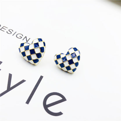 Three-dimensional Heart Shape Stud Earrings For Women In Blue Alloy