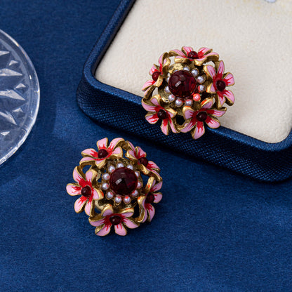 Red Flowers Stud Earrings For Women In Zinc Alloy With Electroplated Finish And 925 Sterling Silver Ear Pins