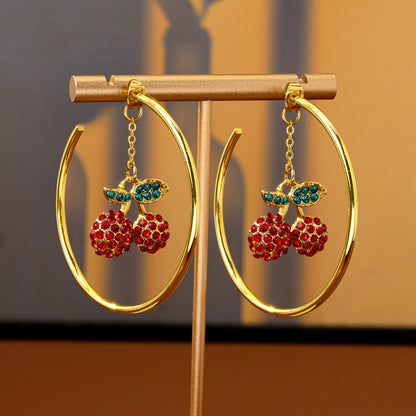 Retro Cherry Drop Earrings In Red With Electroplated Zinc Alloy And Rhinestone Inlay, Featuring Zinc Alloy Ear Pins