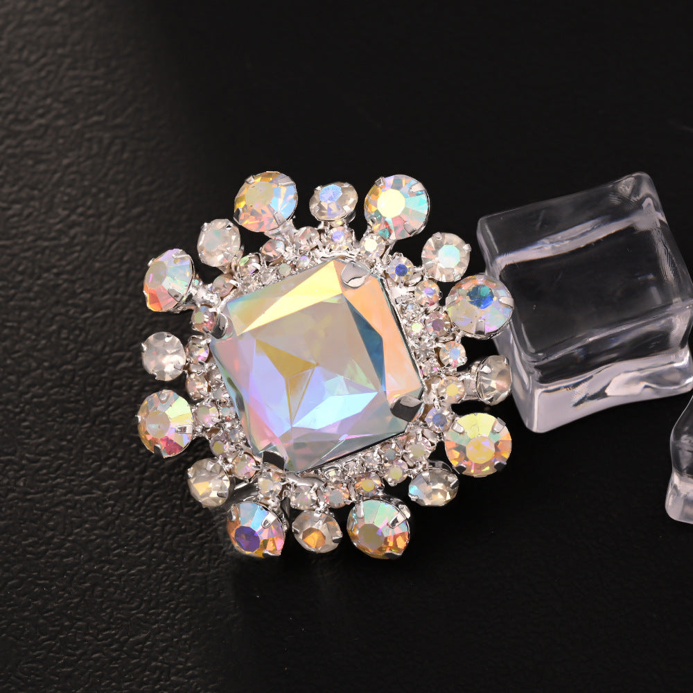 Exaggerated Square Open Ring For Women In Gold Alloy With Rhinestones Featuring Electroplated Finish