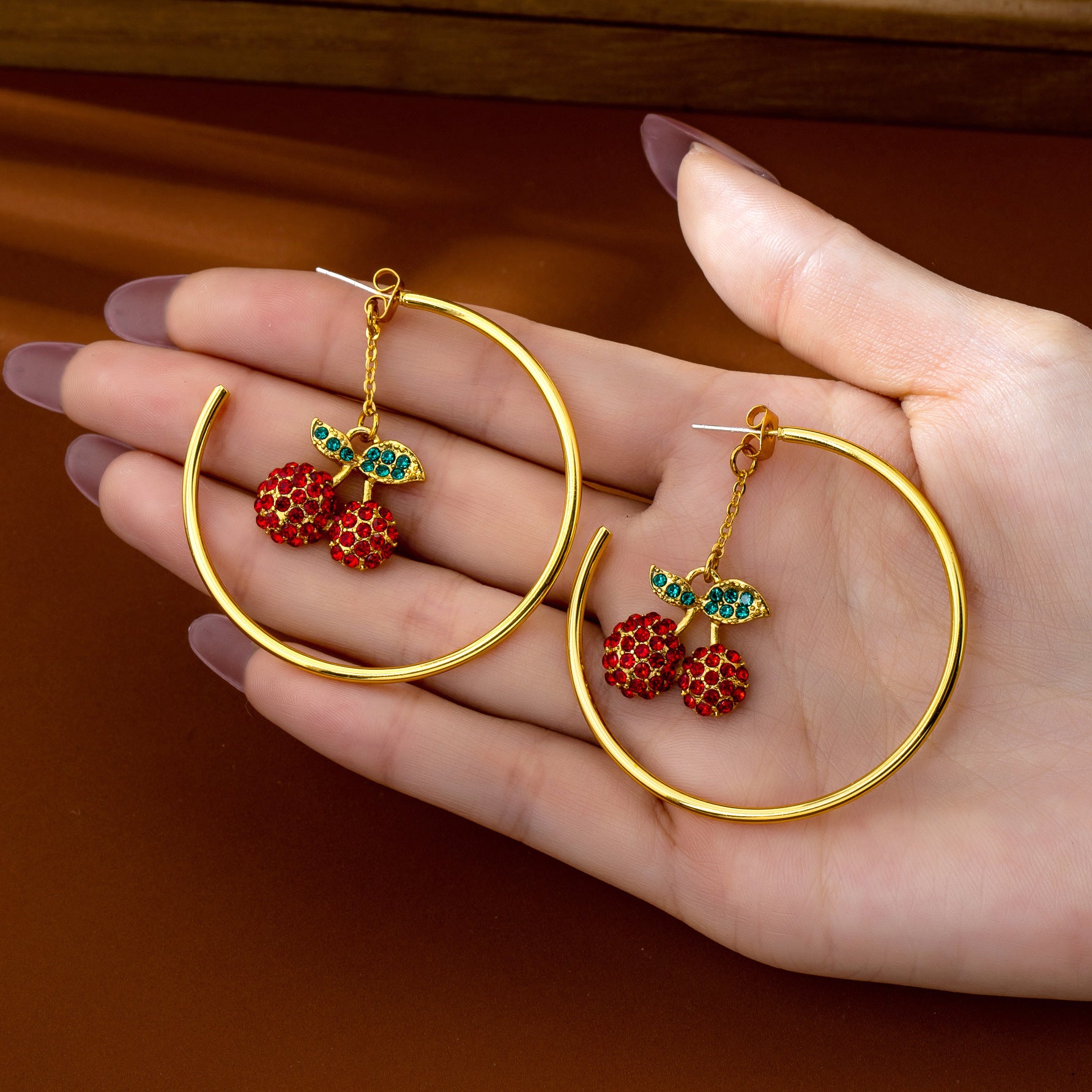 Retro Cherry Drop Earrings In Red With Electroplated Zinc Alloy And Rhinestone Inlay, Featuring Zinc Alloy Ear Pins