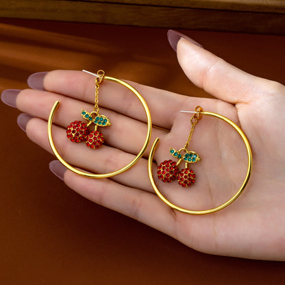 Retro Cherry Drop Earrings In Red With Electroplated Zinc Alloy And Rhinestone Inlay, Featuring Zinc Alloy Ear Pins