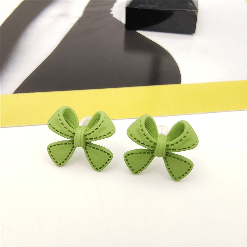 Green Bow Tie Stud Earrings For Women With Stoving Varnish Alloy And Artificial Gemstones