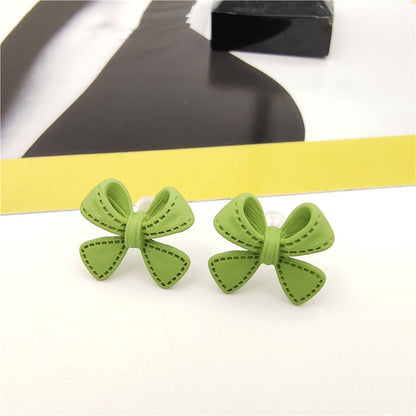 Green Bow Tie Stud Earrings For Women With Stoving Varnish Alloy And Artificial Gemstones