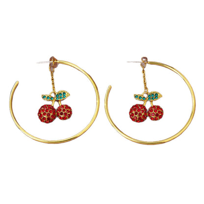 Retro Cherry Drop Earrings In Red With Electroplated Zinc Alloy And Rhinestone Inlay, Featuring Zinc Alloy Ear Pins