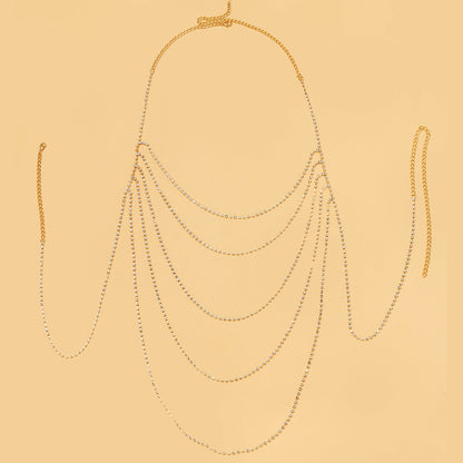 Silver Alloy Body Chain For Women Featuring Geometric Pattern And Electroplated Finish With Rhinestone Inlay