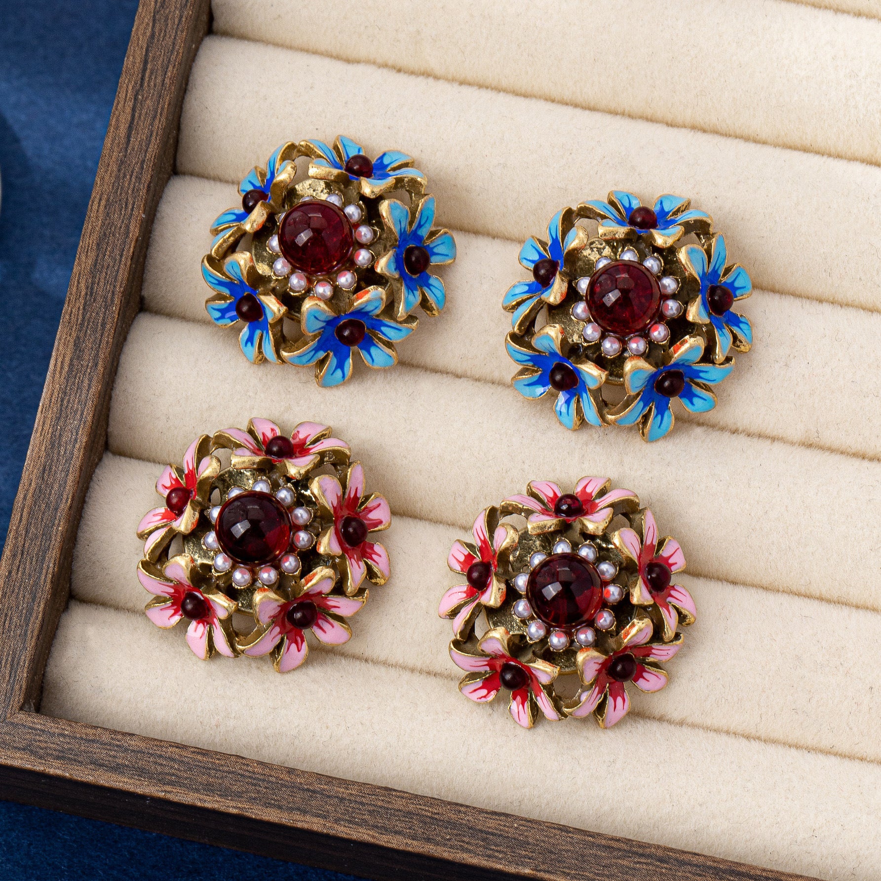 Red Flowers Stud Earrings For Women In Zinc Alloy With Electroplated Finish And 925 Sterling Silver Ear Pins