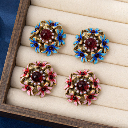Red Flowers Stud Earrings For Women In Zinc Alloy With Electroplated Finish And 925 Sterling Silver Ear Pins