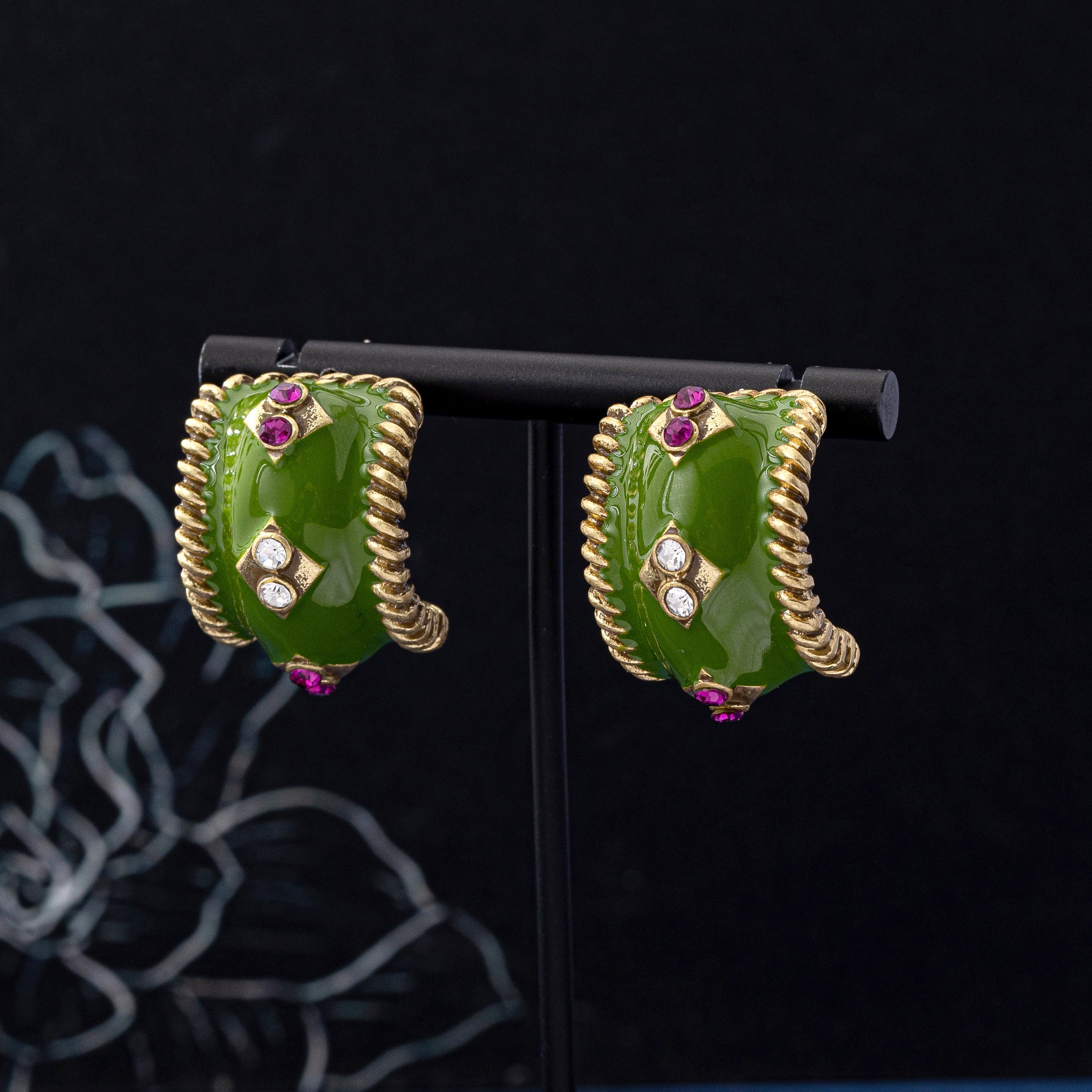 C Shape Enamel Earrings For Women In Green, Made Of Zinc Alloy With 925 Sterling Silver Studs