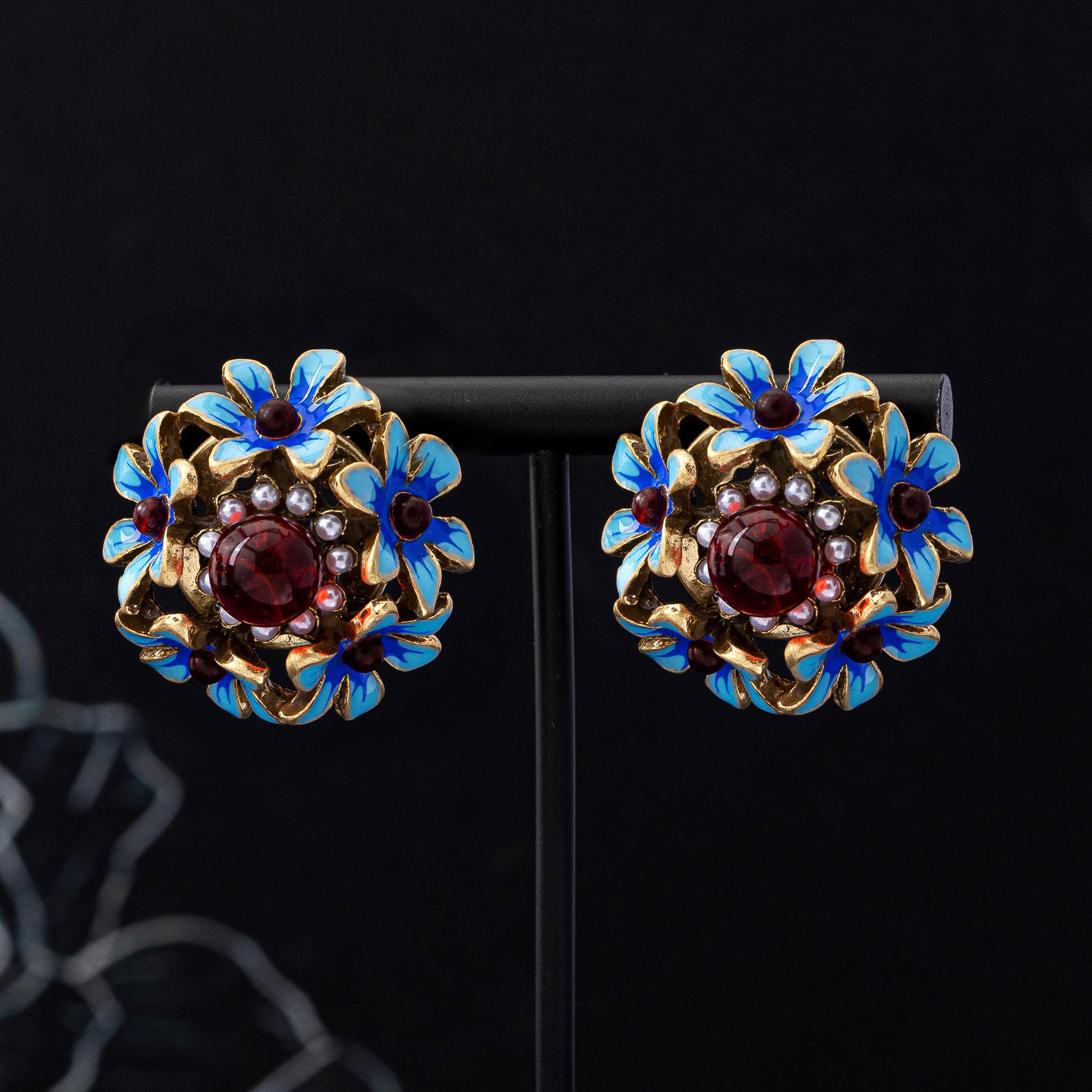 Red Flowers Stud Earrings For Women In Zinc Alloy With Electroplated Finish And 925 Sterling Silver Ear Pins