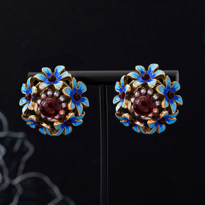 Red Flowers Stud Earrings For Women In Zinc Alloy With Electroplated Finish And 925 Sterling Silver Ear Pins