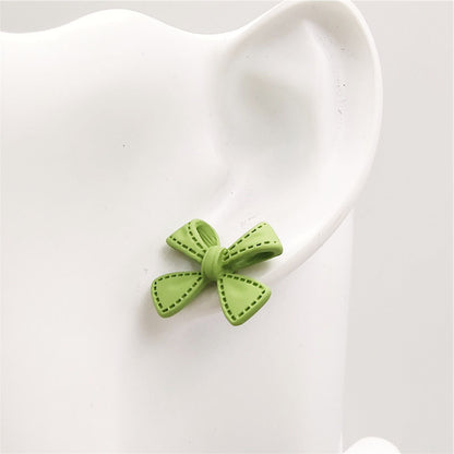 Green Bow Tie Stud Earrings For Women With Stoving Varnish Alloy And Artificial Gemstones
