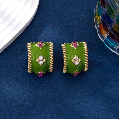C Shape Enamel Earrings For Women In Green, Made Of Zinc Alloy With 925 Sterling Silver Studs