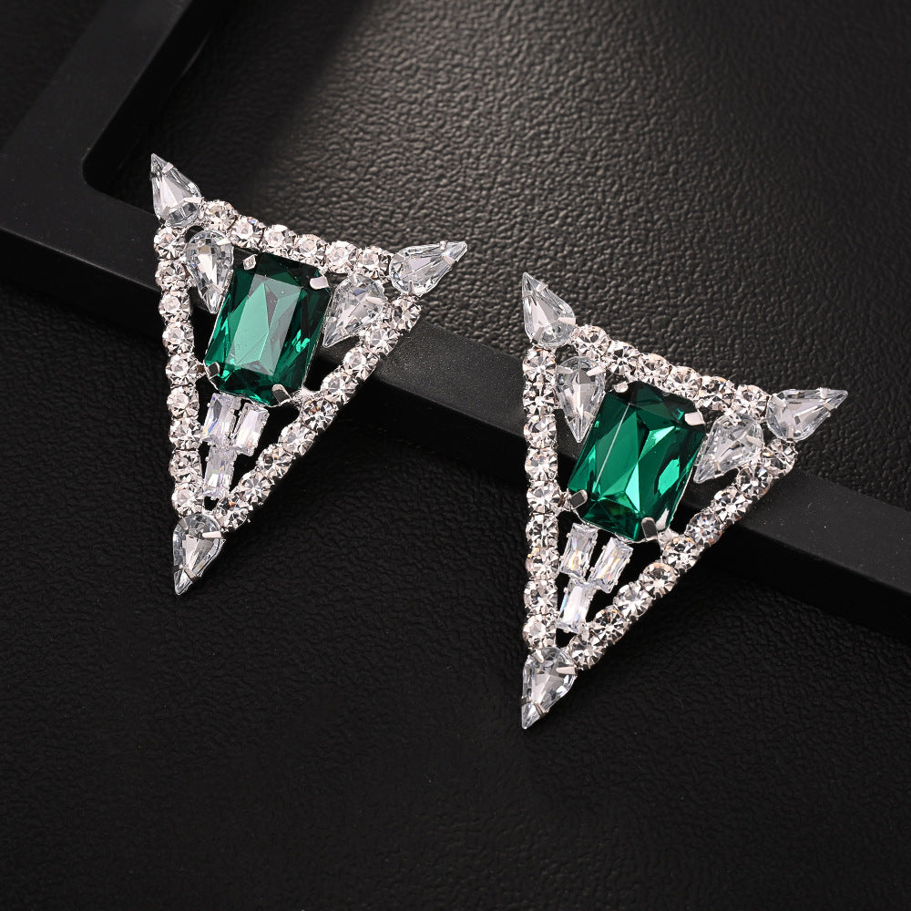 Trillion-cut Silver Alloy Earrings For Women With Exaggerated Style And Rhinestone Inlay