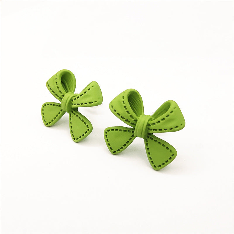 Green Bow Tie Stud Earrings For Women With Stoving Varnish Alloy And Artificial Gemstones