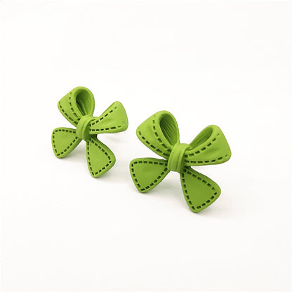 Green Bow Tie Stud Earrings For Women With Stoving Varnish Alloy And Artificial Gemstones