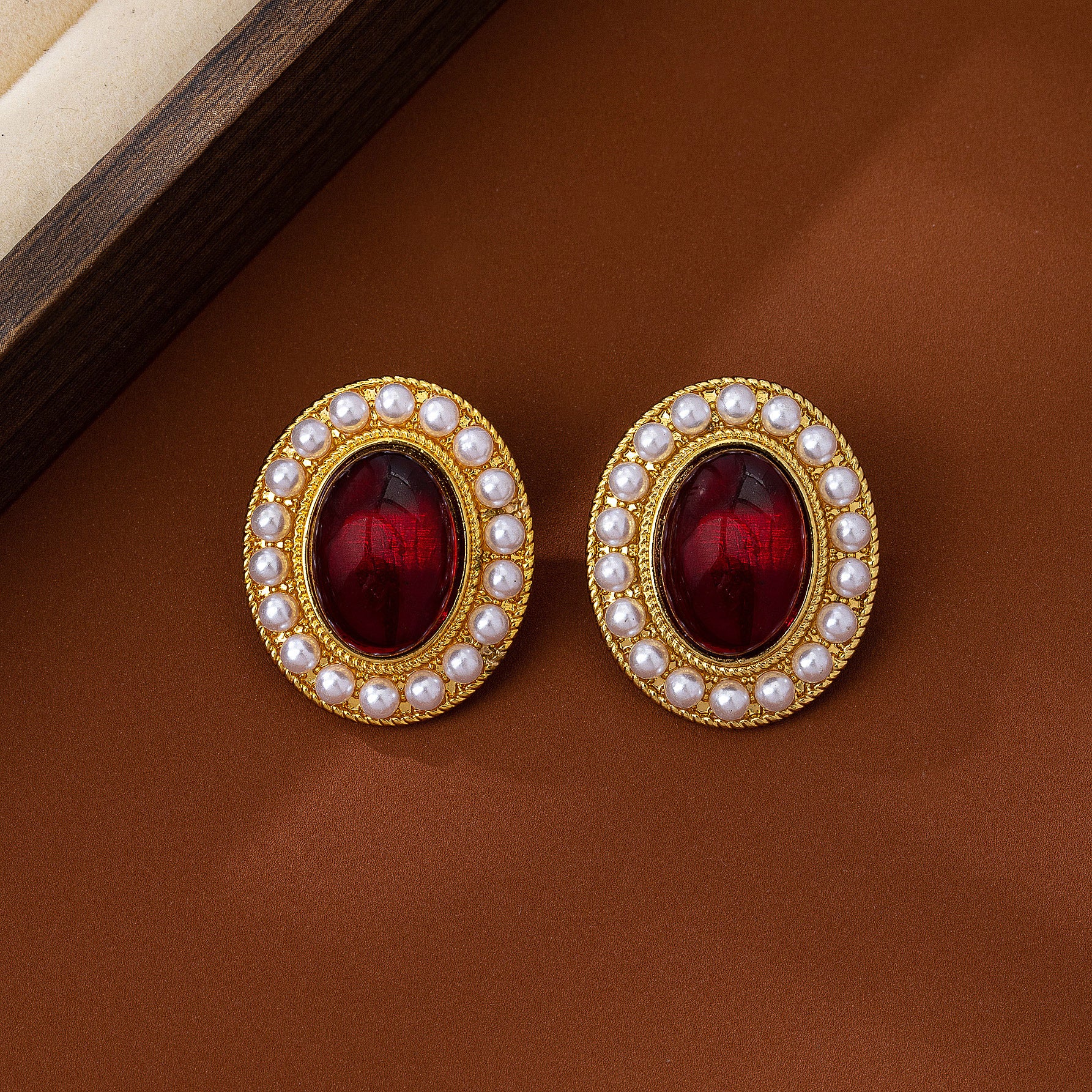 Oval Stud Earrings For Women In Wine Red Featuring Imitation Pearl With 925 Sterling Silver Ear Pins