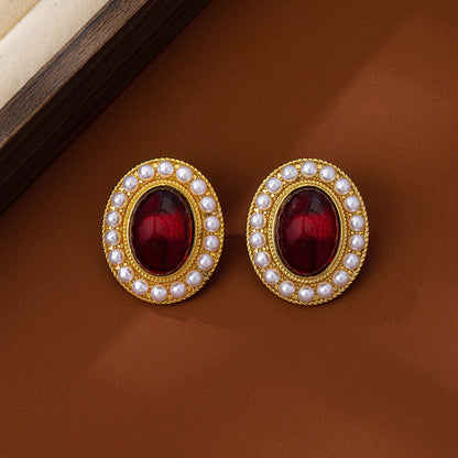Oval Stud Earrings For Women In Wine Red Featuring Imitation Pearl With 925 Sterling Silver Ear Pins