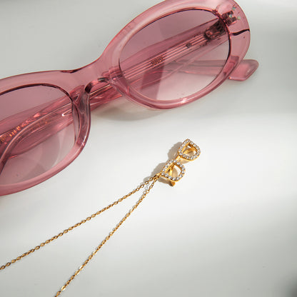 Gold Glasses Pendant Necklace For Women In 18K Real Gold Plated Titanium Steel With Zircon Inlay And Cable Chain