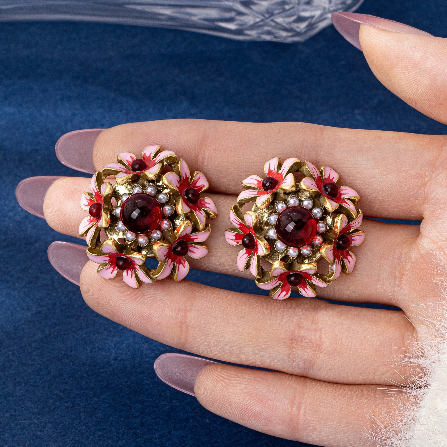 Red Flowers Stud Earrings For Women In Zinc Alloy With Electroplated Finish And 925 Sterling Silver Ear Pins