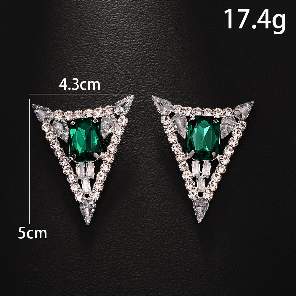 Trillion-cut Silver Alloy Earrings For Women With Exaggerated Style And Rhinestone Inlay