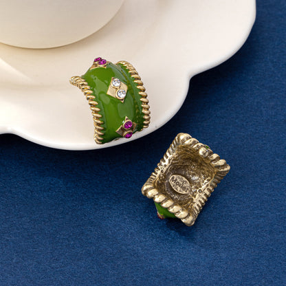 C Shape Enamel Earrings For Women In Green, Made Of Zinc Alloy With 925 Sterling Silver Studs