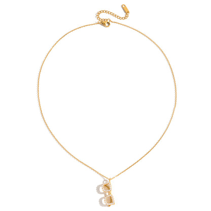 Gold Glasses Pendant Necklace For Women In 18K Real Gold Plated Titanium Steel With Zircon Inlay And Cable Chain