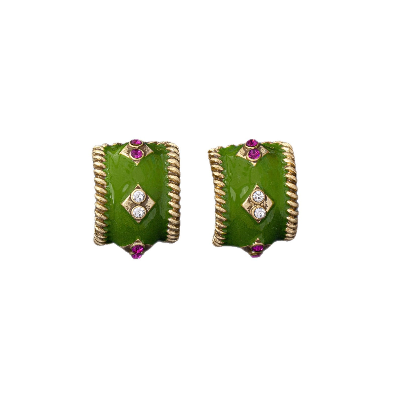C Shape Enamel Earrings For Women In Green, Made Of Zinc Alloy With 925 Sterling Silver Studs