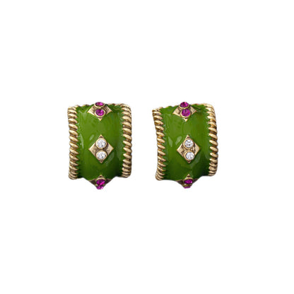 C Shape Enamel Earrings For Women In Green, Made Of Zinc Alloy With 925 Sterling Silver Studs