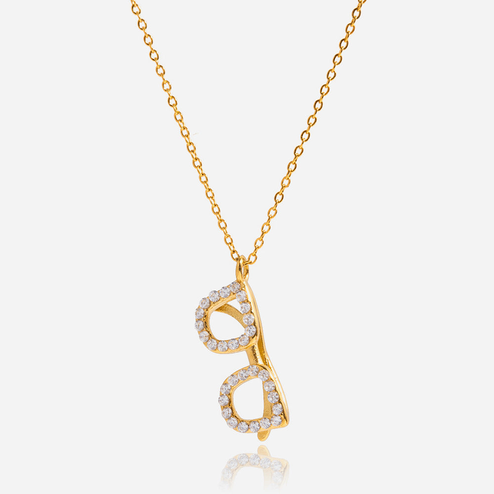 Gold Glasses Pendant Necklace For Women In 18K Real Gold Plated Titanium Steel With Zircon Inlay And Cable Chain