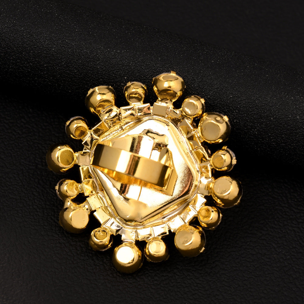Exaggerated Square Open Ring For Women In Gold Alloy With Rhinestones Featuring Electroplated Finish