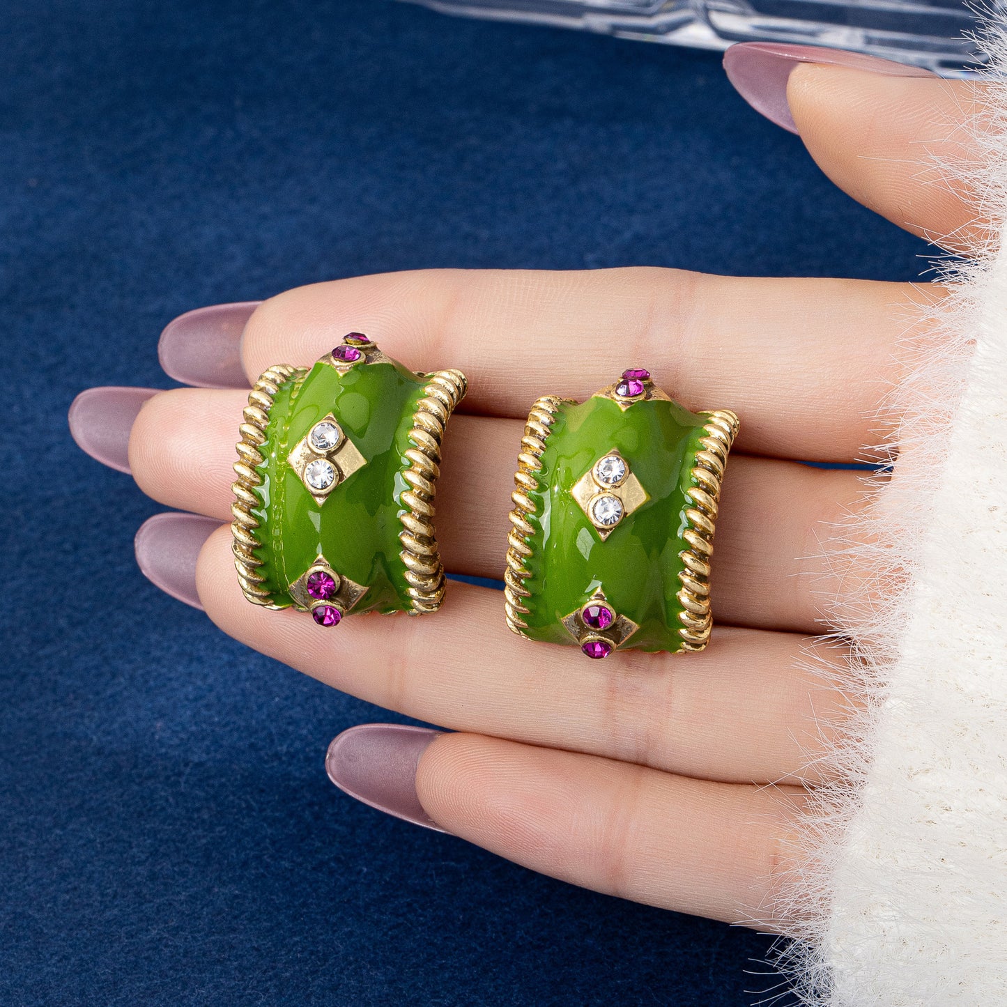 C Shape Enamel Earrings For Women In Green, Made Of Zinc Alloy With 925 Sterling Silver Studs