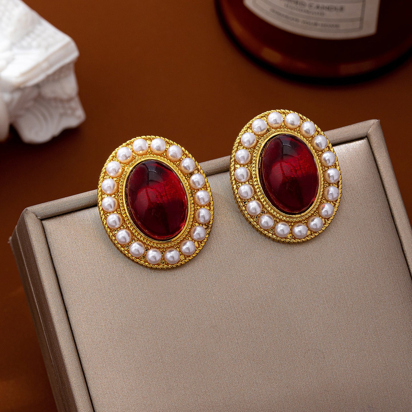 Oval Stud Earrings For Women In Wine Red Featuring Imitation Pearl With 925 Sterling Silver Ear Pins