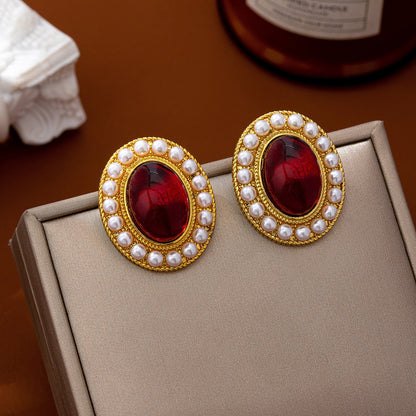 Oval Stud Earrings For Women In Wine Red Featuring Imitation Pearl With 925 Sterling Silver Ear Pins